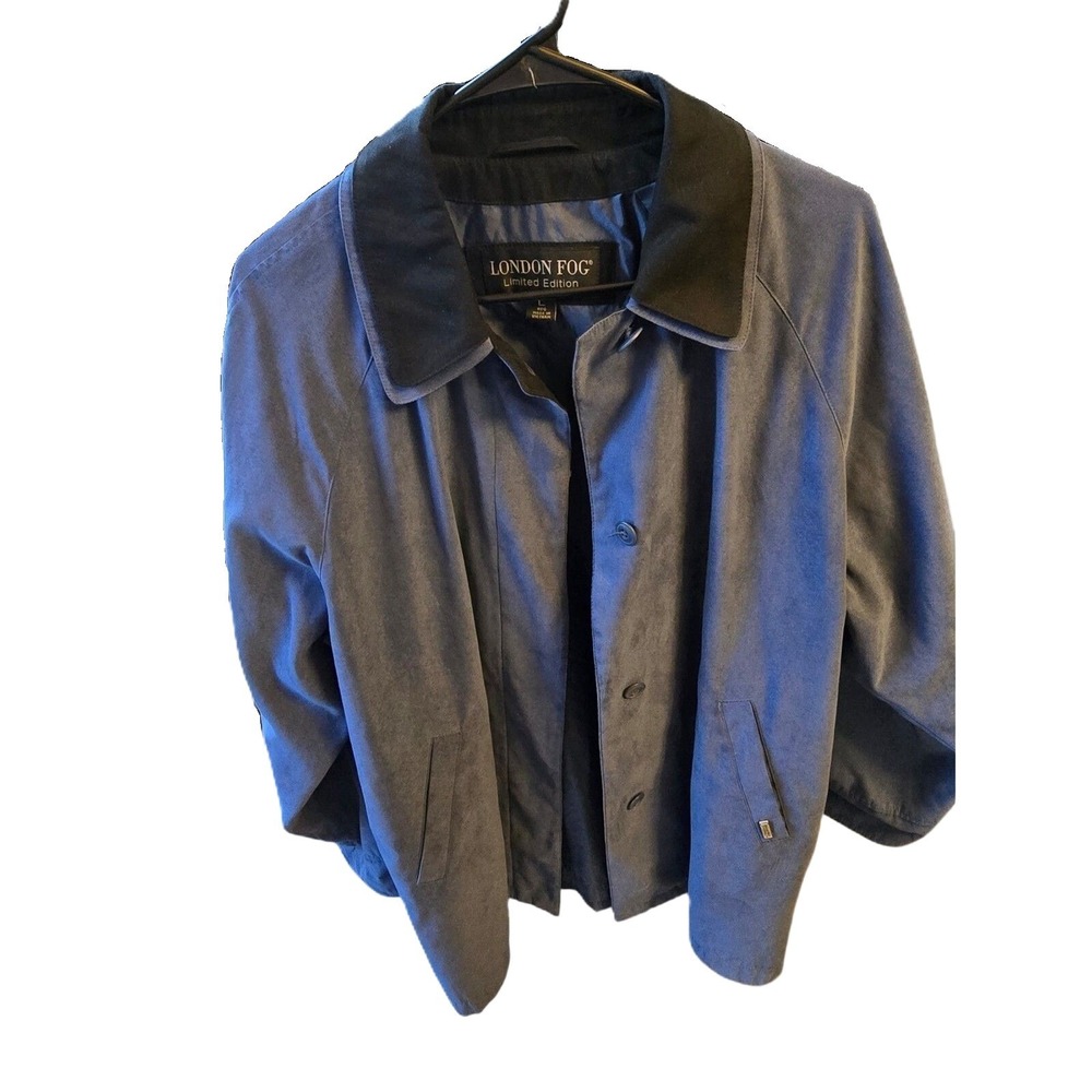 London Fog Mens L Jacket Blue Faux Suede Limited‎ Edition Button Front Collar